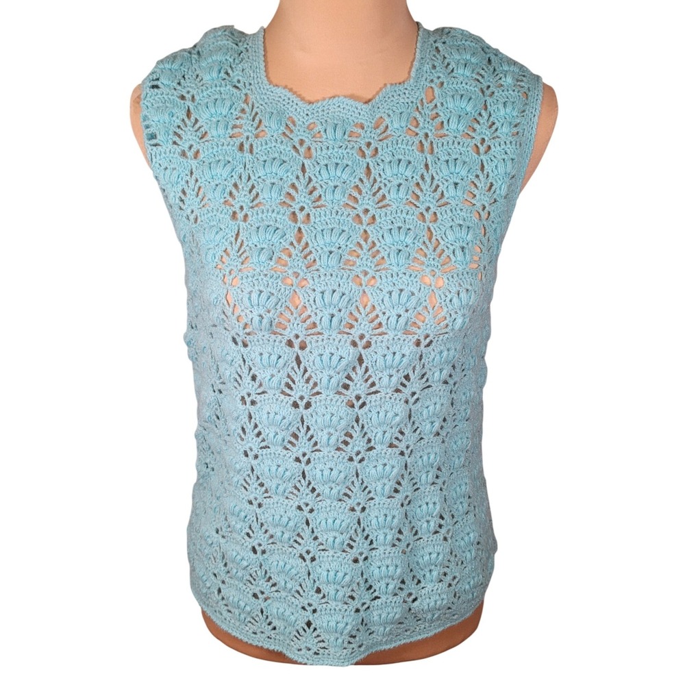 Vintage Handmade Crochet Shell Knit Vest Top Aqua Blue OOAK Mermaidcore Boho S M